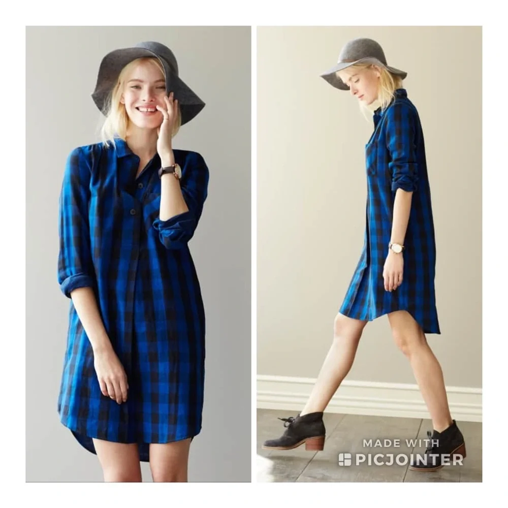 Madewell Jane Buffalo Check Plaid Shirtdress S Blue Black Button Down